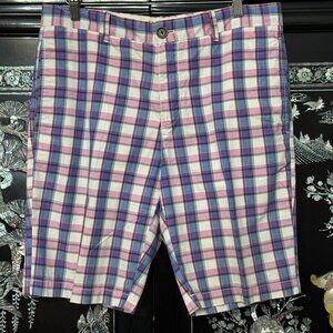ORIGINAL PENGUIN Plaid Bermuda Shorts 32 Pink Blue White Check Cotton Flat Front